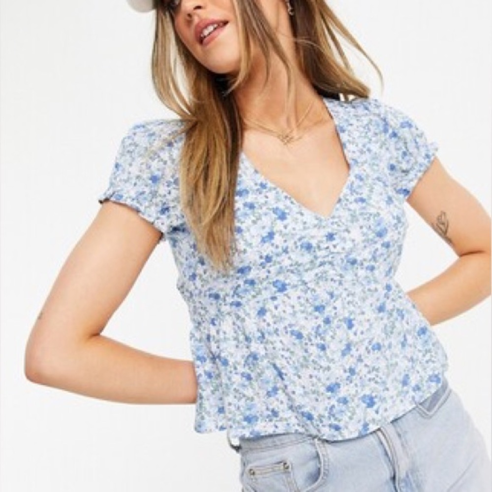 Hollister puff‎ sleeve frill top blue floral milkmaid cottagecore L